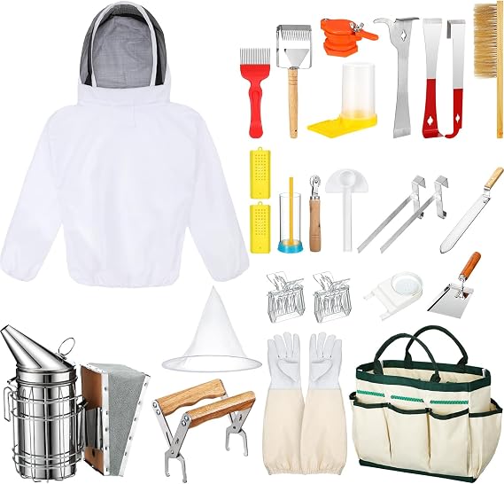 30 Pcs Beekeeping Supplies Beehive Equipment Beekeeping Starter Kit Bee Keeper Supplies All with Jacket Beehive Kit Bee Smoker Uncapping Tool for Beginners Professional Beekeepers (Small)