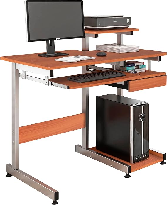 Techni Mobili 38"W Desk with Printer/Keyboard Tray & CPU Platform, Cherry | Compact workstation, home office computer desk, CPU storage, pull-out keyboard tray, small space furniture