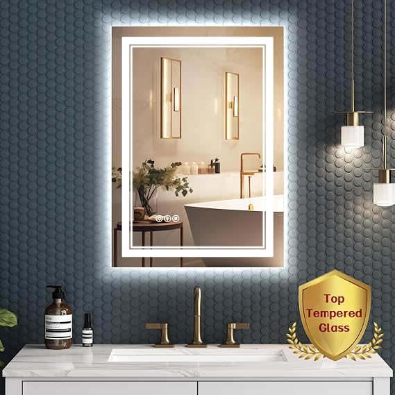 Bathroom Mirror with Lights, 20" x 28" LED Mirror for Bathroom, Demister, Dimmable, 3 Colors, Shatterproof Ultra Bright Tempered Glass, Horizontal and Vertical Mount,