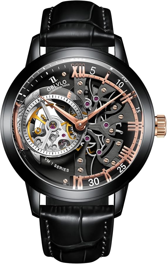 Skeleton Mens Watches Black Steel Automatic Watches Leather Strap Tourbillon Watch OBL8238