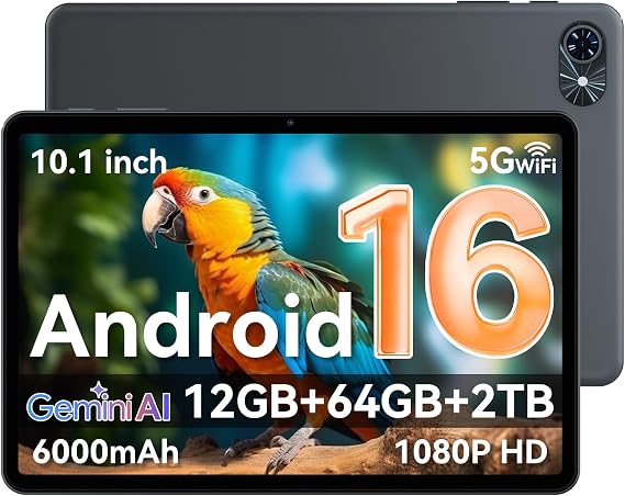 Tablet 2026 Latest Android 16 Tablets with 10.5 Inch HD+IPS Display, 12(4+8) GB RAM+64GB ROM/ 2TB TF, Gemini AI 2.0, GPS, 5G WiFi, 2.0GHz CPU & 5MP Camera, 6000mAh, Widevine L1, GMS Certified