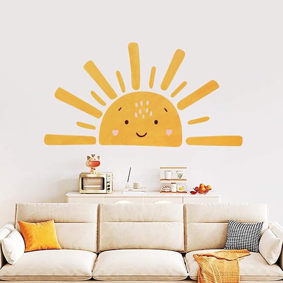 Smiling Half Sun Wall Decal, Here  The Son Sticker Baby Shower Decor, Sunrise Decoration Sticker, Cartoon Smiley Sun Decal, Kids Room Sun Wall Art Decoration