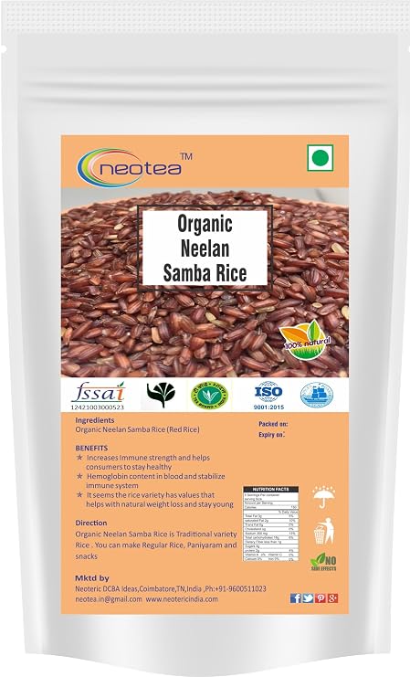 Neotea Organic Neelan Samba Rice - Traditional Red Rice | Heirloom Variety | Unpolished Whole Grain | Rich in Fiber & Nutrients | Ideal for Healthy Meals | 1 kg Pack | 2.20 pounds | 100% Natural & Chemical-Free