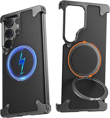 Leather Case for Samsung Galaxy S25 Ultra Phone Cases with Magsafe,360Rotatable Magnetic Ring Stand,Luxury Anti-Scratch Slim Frameless Bumper Shockproof Protection Cover for S25 Ultra,Black