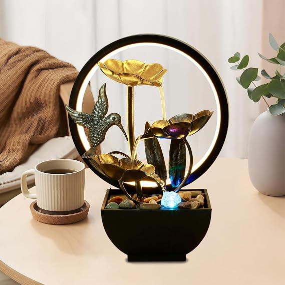 Tabletop Water with Fountain LED Ring Lights Indoor Waterfall Fountain Zen Meditation Waterfall Fountain Decorative for Bedroom Living Room Office Shop Bar (Hummingbird)
