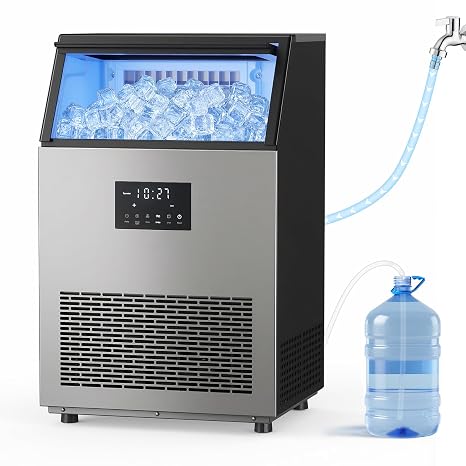 Ice Maker Machine Commercial 150Lbs/24H - Freestanding Ice Maker Under Counter Ice Machine Stainless Steel, 55 Ice Cubes/Cycle, 2 Ways Water Inlet, Large Storage Bin for Bar Home Office Restaurant