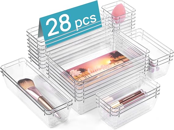 Vtopmart 28 PCS Clear Plastic Drawer Organizers Set, 4-Size Bathroom and Vanity Drawer Organizer Trays, Acrylic Storage Bins for Makeup, Cosmetic, Kitchen Utensils