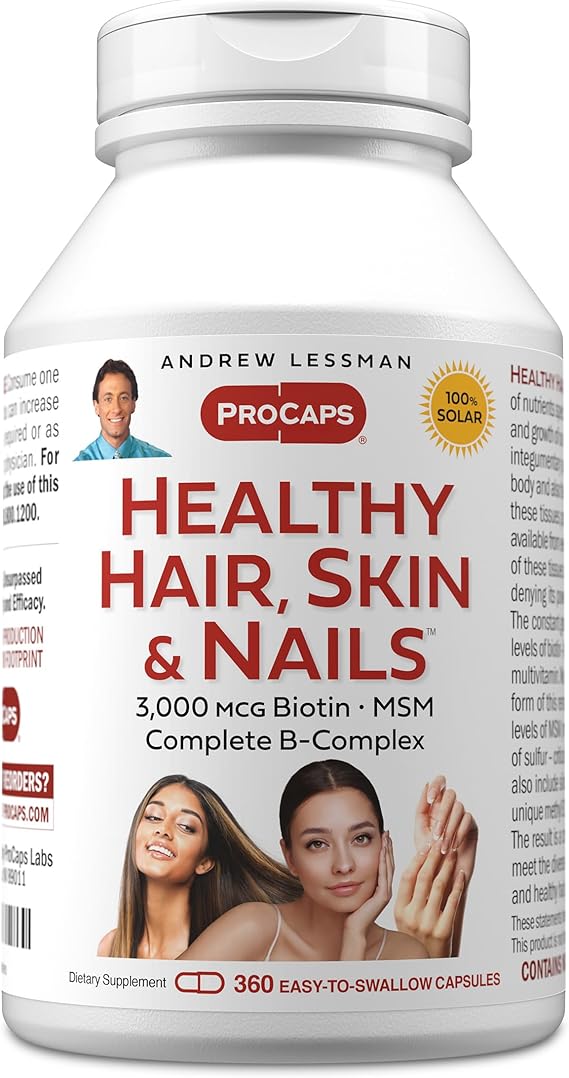 ANDREW LESSMAN Healthy Hair, Skin and Nails 360 Capsules - 3000 mcg High Bioactivity Biotin, B-Complex. Promotes Beautiful Skin, Strong Nails. No Additives Hair Growth Vitamins Biotin Supplement