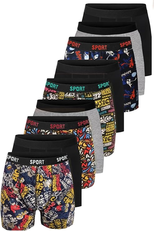 DeeAn 9'lu Paket, Desenli Düz Karışık, Erkek Boxer, Pamuklu, Likralı, Erkek İç Çamaşırı Külot