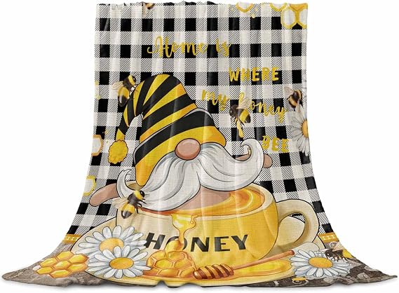 Flannel Fleece Blanket 40" x 50", Yellow Gnomes Microfiber Cozy Soft Throws for Women, Vintage Buffalo Plaid Black Bee Daisy Lightweight Throw Blankets for Couch, Sofa, Bed, Living Room, Bedroom