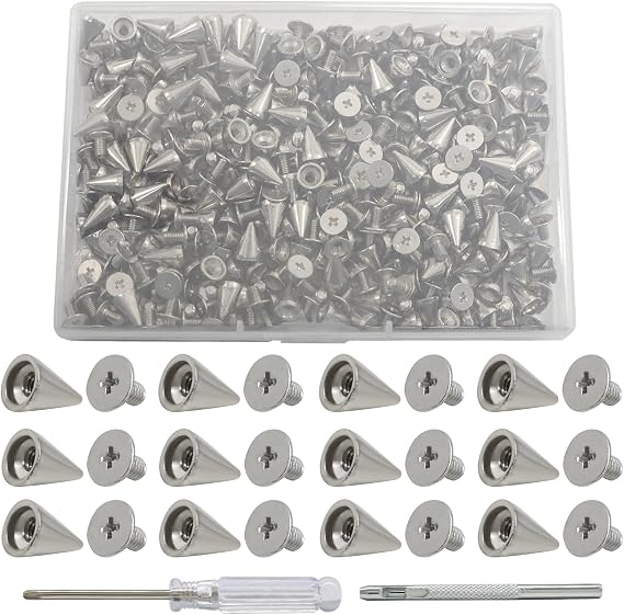 Rierdge Cone Spikes 100 Pairs Screwback Studs, Silver, 7x10mm