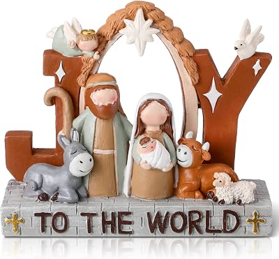 Christmas Nativity Scene Figures, Holy Family Nativity Creche Set with Jesus Messages Resin Religious Tabletop Gift for Christian, Christmas Indoor Desktop Decor,Joy