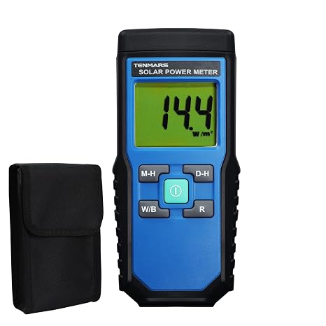 Solar Power Meter, 2000 W/m2 Range Handheld Solar Irradiance Meter with Dual Units, MAX/MIN Tracking, Data Hold, Manual Zeroing, Digital Sun Meter for Solar Panel Evaluation and Site Testing