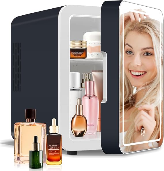 Upgrade Skincare Fridge with Dimmable LED Light Mirror, 4L/6Can Cooler Warmer Mini Fridge for Skin care Cosmetic Makeup Beauty, Portable Mini Skincare Fridge for Bedroom Dorm Office Rv, Grey