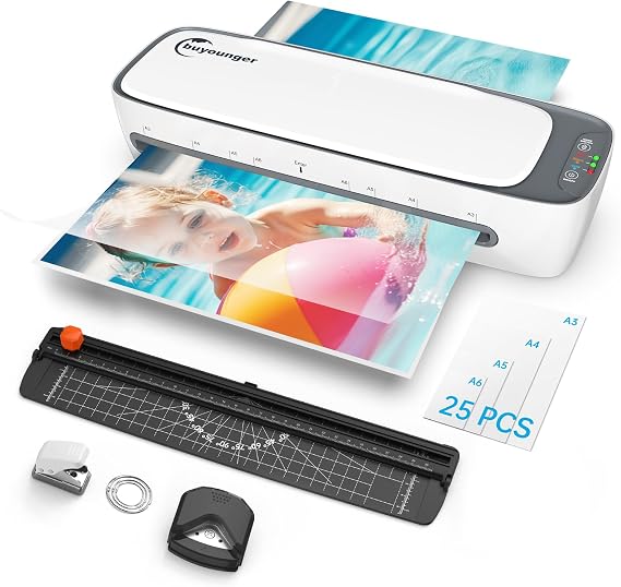 Buyounger A3 Thermal Laminator, 13 Inch Set with 25 Pouches, 60s Warmup