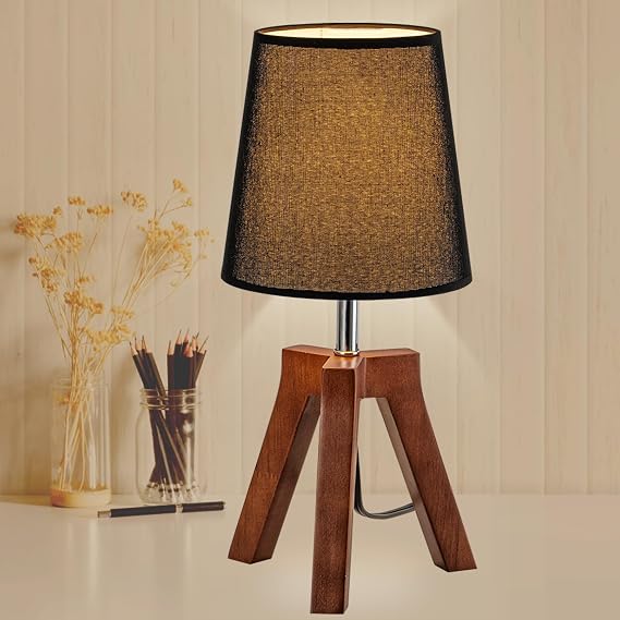Dreamholder Wood Bedside Table Lamp, Tripod Desk Lamp with On-Off Switch, Nightstand Lamp with Fabric Shade for Reading, Bedroom, Living Room, Office, Walnut Base with Black Shade [Energy Class E]