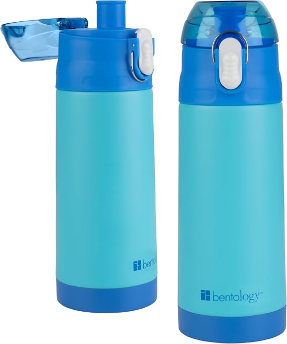 Bentology Stainless Steel 13 Oz Reusable Water Bottle for Kids, Blue | Double Wall Insulated, Spill Proof Lid W/Built-in Straw- Keep Liquids Hot or Cold- Easily Fits in Lunch Boxes & Bags