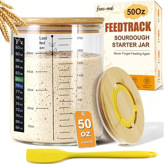 Sourdough Starter Jar, 50 oz Large Sourdough Jar with Timer Lid | Borosilicate Glass, Wide Mouth, with Scraper, Thermometer Band, Feeding Tracking Band, Cloth Cover, for Beginners and Bakers