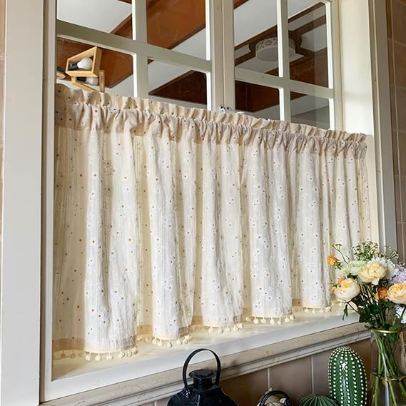 Half shading cafe Tier Curtains, kitchen decor Short Curtains, Beige small pompom Valance Curtains, pastoral small daisy plant bistro bedroom half curtain (Size : W100xH60cm/39x24in)