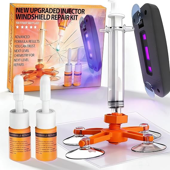 Windshield Chip Repair Kit, 2 PCS Windshield Crack Repair Kit with Suction Cup Curing Light, Car Automotive Nano Fluid Vehicle Windscreen Tool, Glass Repair Kit for Chips and Cracks, Bulls-Eye(Sunset)