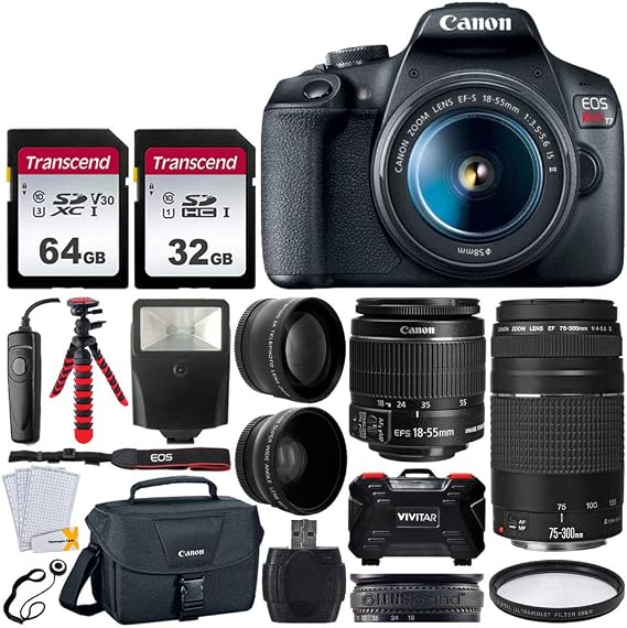 Canon EOS Rebel T7 DSLR Camera + EF-S 18-55mm f/3.5-5.6 IS II + EF 75-300mm f/4-5.6 III Lens + Canon EOS Shoulder Bag + 32GB & 64GB Memory Card + Wide Angle & Telephoto Lens + Flexible Tripod + Remote Control