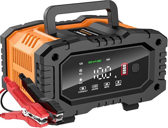 NEXPEAK NC202 10-Amp Battery Charger, 12V 24V LiFePO4 Lead Acid Portable Car Battery Charger 8-Stage Trickle Charger Smart Battery Maintainer wTemp Compensation for Car Truck Motorcycle Lawn Mower