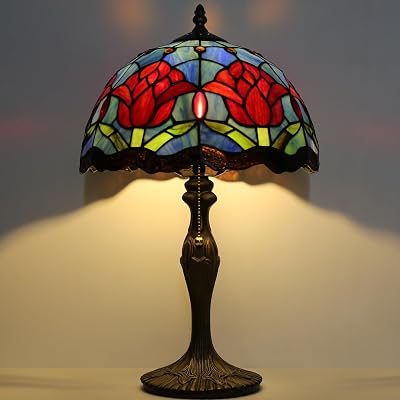 Tiffany Lamp Stained Glass Table Lamp 12 x 19 Red Tulips Style Bedside Reading Lamp Decorative Lamp for Desk Living Room Bedroom Office Study Light Home Decor Gift
