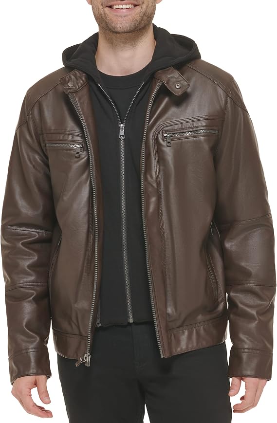 Calvin Klein Men's Faux Leather Hooded Moto Jacket