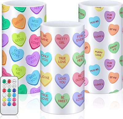 3 Pcs Valentines Day LED Flameless Pillar Candles with Remote 3x6 Inch Conversation Heart Romantic Candy Candle Flickering Color Changing Battery Operated for Valentines Party Room Decor Gifts
