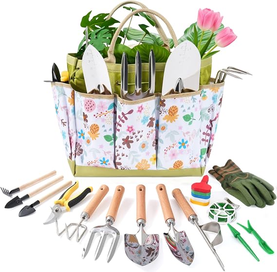 15-Piece Garden Tool Set for Women, Heavy Duty Gardening Kit with Floral Garden Bag, Steel Garden Hand Tools, Plant Labels, Gloves, Gardening Gift Basket for Men Gardeners Plant Lovers, Green