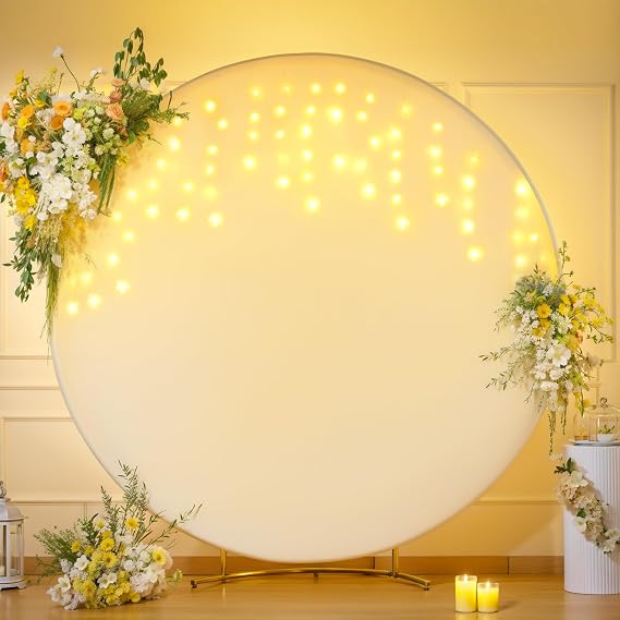 7.2 FT Ivory Round Backdrop Cover with Lights String for Circle Arch Stand Circle Backdrop Covers with LED Fairy Lights for Wedding Arch Baby Shower Birthday Party Photo Shoot Photography Background