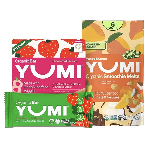 Yumi Organic Toddler Snacks Bars - Gluten-Free, No Added Sugar, 7+ Vegetables, Strawberry & Rhubarb (30ct.) & Yumi Smoothie Melts - Toddler, Kids & Baby Snacks, Gluten-Free, Mango & Carrot (6 ct.)