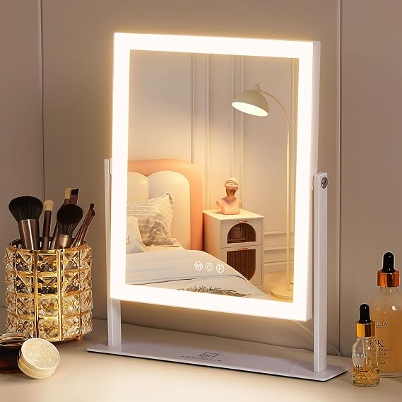 FENCHILIN Vanity Mirror with Lights 11.8" x 9.8",Lighted Hollywood Makeup Mirror with Smart Touch Control 3 Colors Dimmable LED Light, 360Rotation 10X Magnification Tabletop White