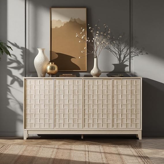 COLAMY Fluted Sideboard Cabinet with Storage Solid Wood Buffet for Dining Room, Credenza Console with Adjustable Shelves, Walnut Finish, Mid Century Modern Style,Oak White