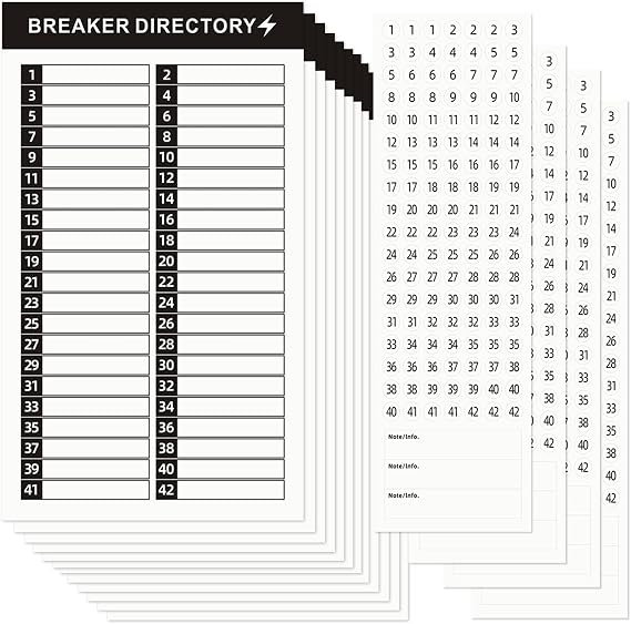 16 Sheets Breaker Panel Labels Electrical Box Sticker Numbers Breaker Panel Labels Electrical Sticker Number Catalog Load Center Adhesive Waterproof Reusable(Black)