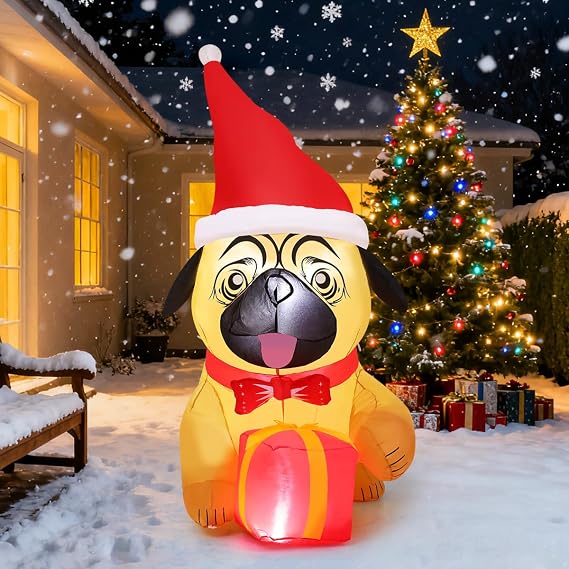 COMIN 5 FT Christmas Inflatables Outdoor Decorations Inflatable Pug Dog Hold Present Blow Ups with Built-in LEDs for Yard Party Lawn Decor