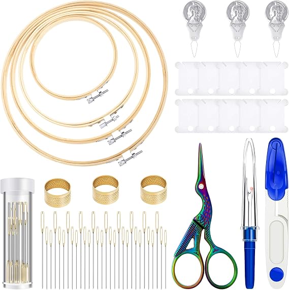 Mudder 53 Pcs Cross Stitch Kit with Embroidery Hoop Bamboo Needles,Blue