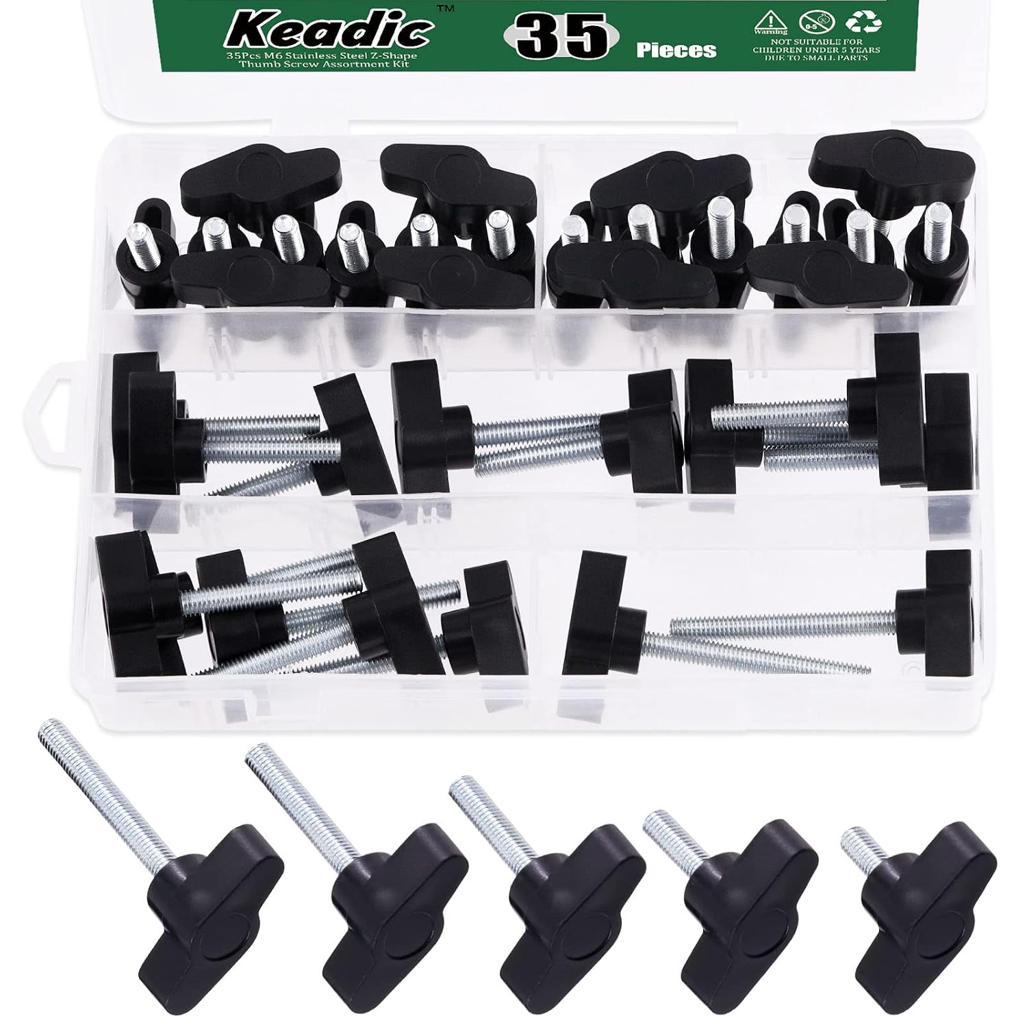 Keadic 35 Pcs M6 5 Sizes Clamping Screw Knob Thumb Screws Assortment Set Carbon Steel 36# Threaded Knurled Thumbscrew Screw on Tee Wing Plastic Knob-M6 x [13-50] mm