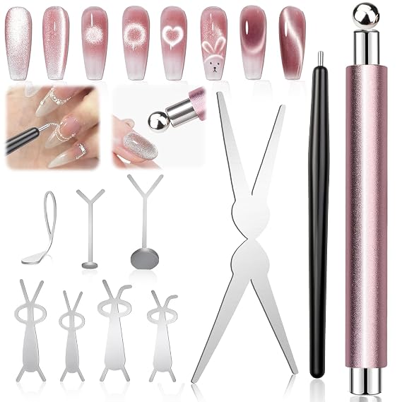 3 in 1 Cat Eye Nail Magnet Set, Magnet Nail Art Pens with Steel Ball Round Beads and Guides, Multi-Effect Cat Eye Gel Nail Polish Magnets for Nail Art DIY Salon Manicure Design (Pink)