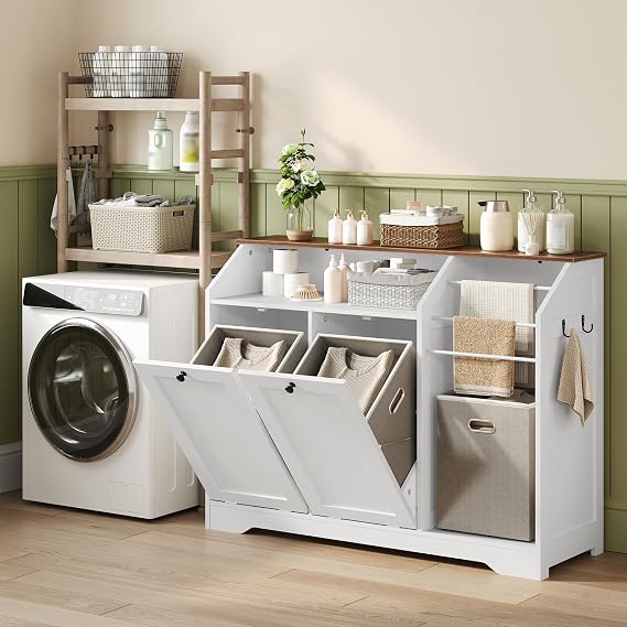 43.3" Laundry Hamper Cabinet, Double Tilt-Out Laundry Hamper with 4 Hooks and 3 Towel Racks, 2 x 8.7 Gal Hidden Laundry Baskets, Trash Can Cabinet for Bathroom, Kitchen, White and Walnut