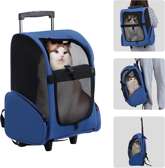 3-in-1 Portable Pet Carrier, Cat Backpack with Ventilation, Pet Stroller with Wheels & Telescopic Handle, Pet Carrier on Wheels, Carriers & Travel Products for Dogs & Cats Royal Blue
