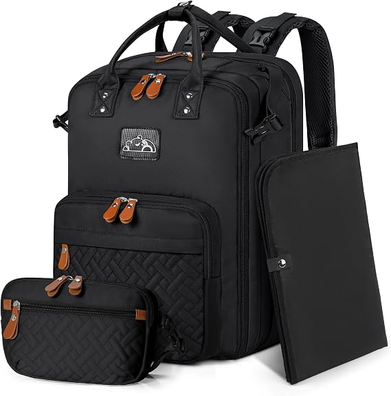 RAINSMORE Changing Backpack Large Baby Changing Bag Backpack with Changing Mat Pram Straps and Removable Shoulder Bag Multifunctional Nappy Bag Baby Bag for On the Go Black