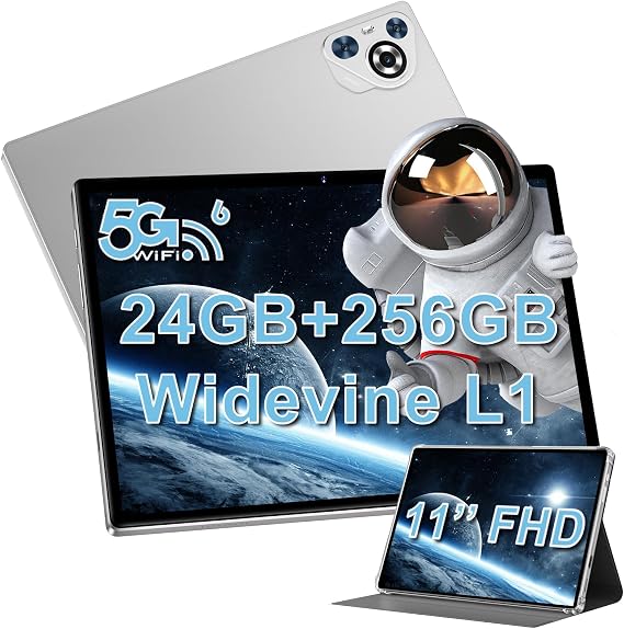 Tablet 11 Zoll Tablet Android 14 24 GB RAM + 256GB ROM (1TB TF) 8000 mAh Tablets 5G WiFi/Octa Core 2.0Ghz/Widevine L1/Face ID/Bluetooth 5.0/5MP+13MP/Tablet mit hülle - Silbrig