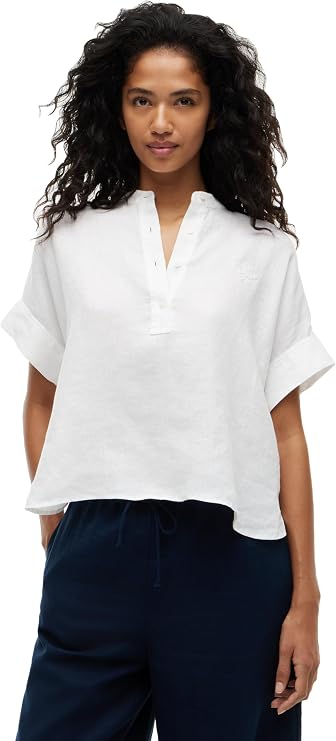 Tommy Hilfiger Women's Linen Short Sleeve Button Down Popover Shirt with Script Logo