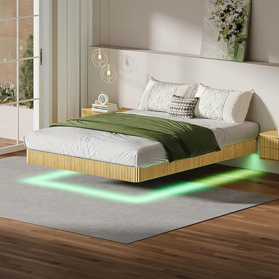 Bellemave Queen Floating Bed Frame with LED Lights, Oak Wood Floating Bed Frame Queen, Wave Curve Wood Texture Bed with Heavy Duty Metal Slats