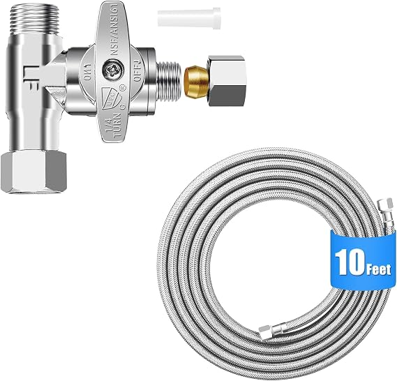 Refrigerator Water Line Kit - 10FT Stainless Steel Braided Ice Maker Water Line with Tee Stop Valve,Foodgrade PEX Inner Hose Fridge Water Line with 1/4" Comp Fitting and Tee Valve