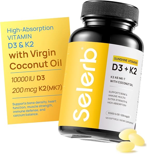 Selerb Vitamin D3 K2 with Virgin Coconut Oil -Vitamin D3 10000 IU + K2 MK-7 200 mcg Vitamin Supplement for Bone, Immune and Heart Support Easy to Swallow 120 Softgels