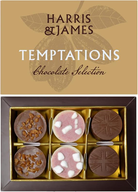 Harris & James Temptations 6 Piece Gift Box. Handmade Luxury Chocolates - Eton Mess, Biscuit Royale and Salted Caramel. Enrobed In Our Bean To Bar Chocolate.
