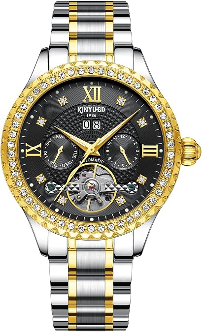 IK COLOURING Stainless Steel Mechanical Watch,Men's Multi-Function Automatic Mechanical Watch Mineral Hard Glass Men Luxury Classic Stainless Steel Calendar Luminous Waterproof Watches for Men