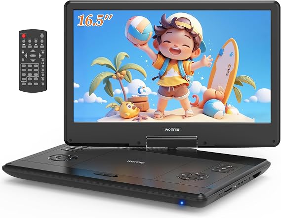 WONNIE 16.5" Portable DVD Player with 14.1" Large HD Swivel Screen, 6 Hours Rechargeable Battery, DVD Player Portable Support MP4, MKV Video & USB/SD Card/Sync TV, High Volume Speaker, All Regions